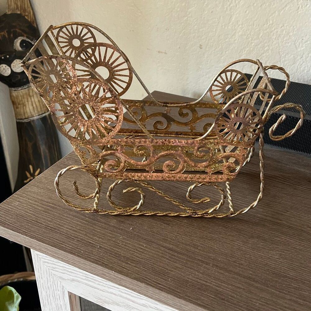 Gold Tone Christmas Sleigh Santa Sleigh Christmas decor 8”